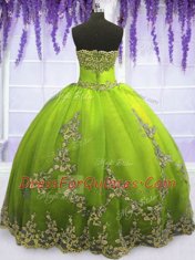 Dramatic Floor Length Olive Green Quince Ball Gowns Tulle Sleeveless Appliques
