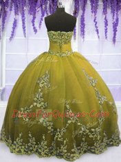 Modern Floor Length Zipper Quince Ball Gowns Olive Green for Military Ball and Sweet 16 and Quinceanera with Appliques