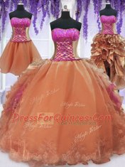 Four Piece Sleeveless Floor Length Embroidery and Ruffles Lace Up Sweet 16 Dress with Orange