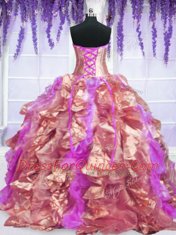 Four Piece Sleeveless Floor Length Embroidery and Ruffles Lace Up Sweet 16 Dress with Orange