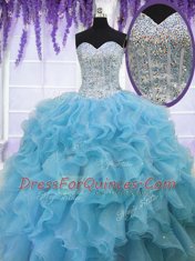 Elegant Sequins Baby Blue Sleeveless Organza Lace Up 15th Birthday Dress for Military Ball and Sweet 16 and Quinceanera
