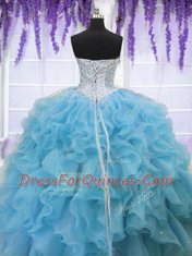 Elegant Sequins Baby Blue Sleeveless Organza Lace Up 15th Birthday Dress for Military Ball and Sweet 16 and Quinceanera