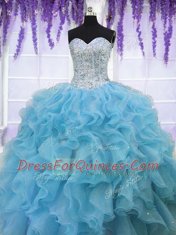 Elegant Sequins Baby Blue Sleeveless Organza Lace Up 15th Birthday Dress for Military Ball and Sweet 16 and Quinceanera