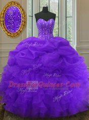 High Quality Purple Organza Lace Up Vestidos de Quinceanera Sleeveless Floor Length Beading and Ruffles and Pick Ups
