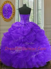 High Quality Purple Organza Lace Up Vestidos de Quinceanera Sleeveless Floor Length Beading and Ruffles and Pick Ups