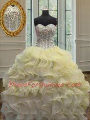 Beading and Ruffles Quinceanera Dresses Light Yellow Lace Up Sleeveless Floor Length