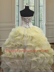 Beading and Ruffles Quinceanera Dresses Light Yellow Lace Up Sleeveless Floor Length