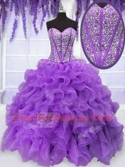 Sleeveless Organza Floor Length Lace Up Quinceanera Gowns in Purple with Beading and Ruffles