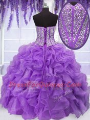 Sleeveless Organza Floor Length Lace Up Quinceanera Gowns in Purple with Beading and Ruffles