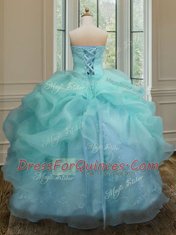 Popular Sleeveless Floor Length Embroidery and Pick Ups Lace Up Quinceanera Gown with Aqua Blue