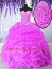 Hot Pink Organza Lace Up Quinceanera Gown Sleeveless Floor Length Ruffles and Sequins