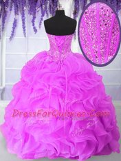 Hot Pink Organza Lace Up Quinceanera Gown Sleeveless Floor Length Ruffles and Sequins
