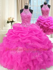 Three Piece Sleeveless Organza Floor Length Lace Up Quinceanera Gowns in Hot Pink with Beading and Pick Ups