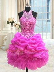 Three Piece Sleeveless Organza Floor Length Lace Up Quinceanera Gowns in Hot Pink with Beading and Pick Ups