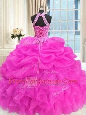 Three Piece Sleeveless Organza Floor Length Lace Up Quinceanera Gowns in Hot Pink with Beading and Pick Ups