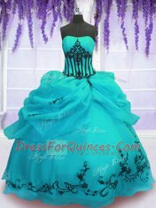 Elegant Strapless Sleeveless Quince Ball Gowns Floor Length Embroidery Turquoise Organza