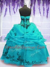Elegant Strapless Sleeveless Quince Ball Gowns Floor Length Embroidery Turquoise Organza