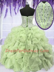 Wonderful Organza Sweetheart Sleeveless Lace Up Beading and Ruffles Quinceanera Gown in Yellow Green