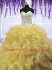 Dramatic Gold Ball Gowns Beading and Ruffles Sweet 16 Quinceanera Dress Lace Up Organza Sleeveless Floor Length