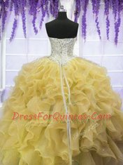 Dramatic Gold Ball Gowns Beading and Ruffles Sweet 16 Quinceanera Dress Lace Up Organza Sleeveless Floor Length