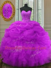 Comfortable Fuchsia Sleeveless Floor Length Beading and Ruffles and Pick Ups Lace Up Vestidos de Quinceanera