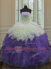 White And Purple Strapless Lace Up Beading and Ruffles Ball Gown Prom Dress Sleeveless