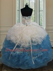White And Purple Strapless Lace Up Beading and Ruffles Ball Gown Prom Dress Sleeveless