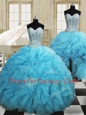 Glamorous Three Piece Sleeveless Lace Up Floor Length Beading and Ruffles 15 Quinceanera Dress