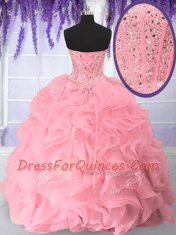 Sweetheart Sleeveless Quinceanera Dresses Floor Length Beading and Ruffles Pink Organza