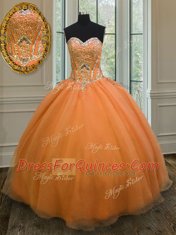 Sweetheart Sleeveless Quinceanera Gowns Floor Length Beading Orange Organza