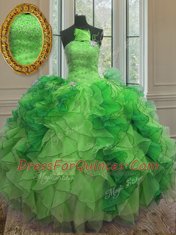 Green Sleeveless Floor Length Beading and Ruffles Lace Up Quinceanera Gowns