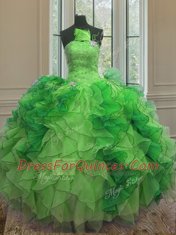 Green Sleeveless Floor Length Beading and Ruffles Lace Up Quinceanera Gowns