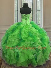 Green Sleeveless Floor Length Beading and Ruffles Lace Up Quinceanera Gowns