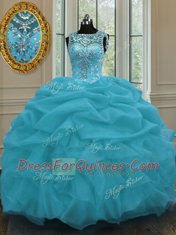 Enchanting Scoop Baby Blue Organza Lace Up Sweet 16 Quinceanera Dress Sleeveless Floor Length Beading and Pick Ups