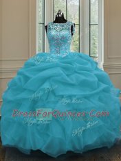 Enchanting Scoop Baby Blue Organza Lace Up Sweet 16 Quinceanera Dress Sleeveless Floor Length Beading and Pick Ups