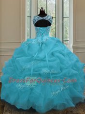 Enchanting Scoop Baby Blue Organza Lace Up Sweet 16 Quinceanera Dress Sleeveless Floor Length Beading and Pick Ups