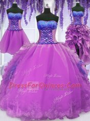 Attractive Four Piece Purple Ball Gowns Embroidery and Ruffles Vestidos de Quinceanera Lace Up Organza Sleeveless Floor Length