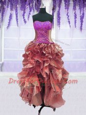 Attractive Four Piece Purple Ball Gowns Embroidery and Ruffles Vestidos de Quinceanera Lace Up Organza Sleeveless Floor Length