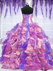 Attractive Four Piece Purple Ball Gowns Embroidery and Ruffles Vestidos de Quinceanera Lace Up Organza Sleeveless Floor Length