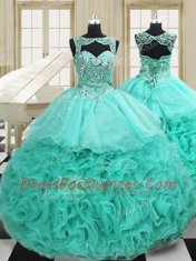 Enchanting Scoop Beading and Ruffles Sweet 16 Quinceanera Dress Apple Green Lace Up Sleeveless Court Train