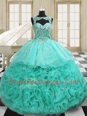 Enchanting Scoop Beading and Ruffles Sweet 16 Quinceanera Dress Apple Green Lace Up Sleeveless Court Train