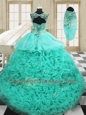 Enchanting Scoop Beading and Ruffles Sweet 16 Quinceanera Dress Apple Green Lace Up Sleeveless Court Train