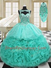 Enchanting Scoop Beading and Ruffles Sweet 16 Quinceanera Dress Apple Green Lace Up Sleeveless Court Train