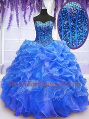 Sleeveless Organza Floor Length Lace Up Ball Gown Prom Dress in Blue with Beading and Ruffles