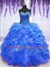 Sleeveless Organza Floor Length Lace Up Ball Gown Prom Dress in Blue with Beading and Ruffles