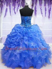 Sleeveless Organza Floor Length Lace Up Ball Gown Prom Dress in Blue with Beading and Ruffles