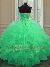 Shining Green Sleeveless Organza Lace Up Quinceanera Dresses for Military Ball and Sweet 16 and Quinceanera