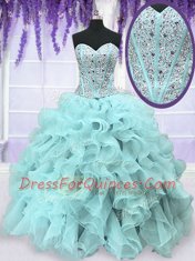 Exquisite Light Blue Lace Up Sweetheart Beading and Ruffles Quinceanera Gown Organza Sleeveless