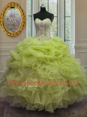 Sleeveless Organza Floor Length Lace Up Quinceanera Dress in Yellow Green with Beading and Pick Ups