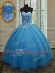 Noble Sweetheart Sleeveless 15 Quinceanera Dress Floor Length Beading and Belt Baby Blue Organza